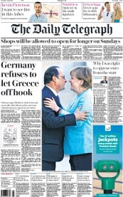 The Daily Telegraph Newspaper Front Page (UK) for 7 July 2015