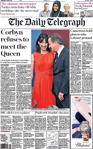 The Daily Telegraph Newspaper Front Page (UK) for 8 October 2015