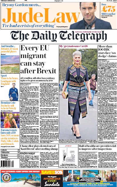 The Daily Telegraph Newspaper Front Page (UK) for 8 October 2016