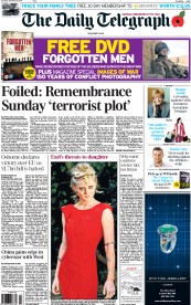 The Daily Telegraph Newspaper Front Page (UK) for 8 November 2014