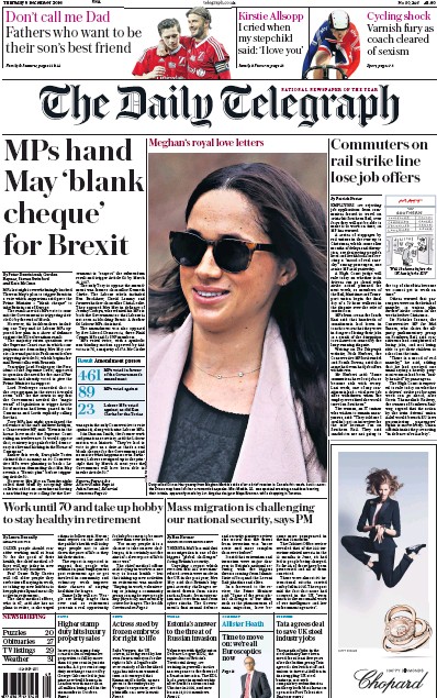 The Daily Telegraph Newspaper Front Page (UK) for 8 December 2016