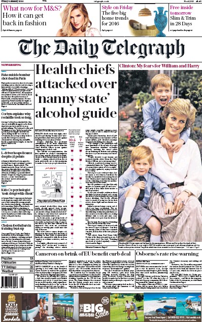 The Daily Telegraph Newspaper Front Page (UK) for 8 January 2016