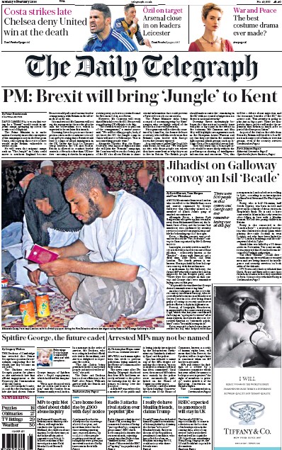 The Daily Telegraph Newspaper Front Page (UK) for 8 February 2016