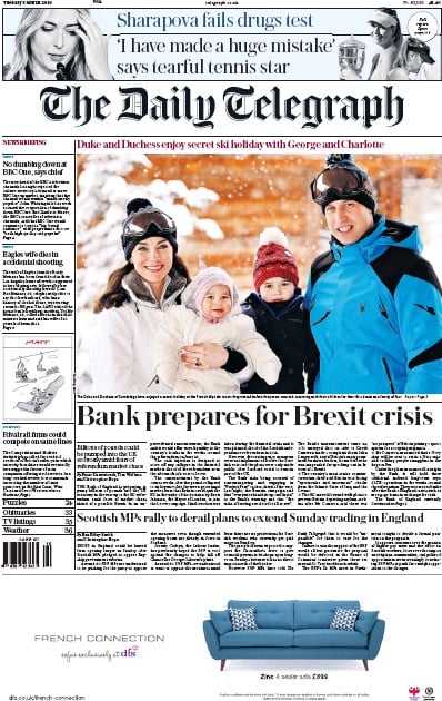 The Daily Telegraph Newspaper Front Page (UK) for 8 March 2016