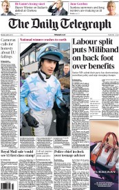 The Daily Telegraph Newspaper Front Page (UK) for 8 April 2013