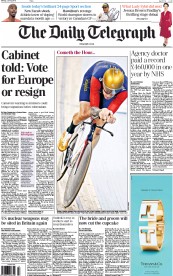 The Daily Telegraph Newspaper Front Page (UK) for 8 June 2015