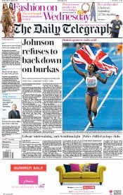 The Daily Telegraph (UK) Newspaper Front Page for 8 August 2018