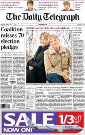 The Daily Telegraph (UK) Newspaper Front Page for 9 January 2013