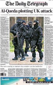 The Daily Telegraph Newspaper Front Page (UK) for 9 January 2015