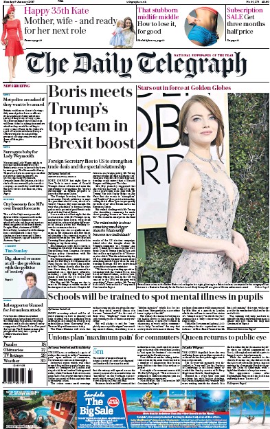 The Daily Telegraph Newspaper Front Page (UK) for 9 January 2017