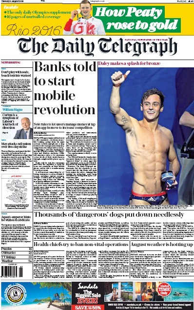 The Daily Telegraph Newspaper Front Page (UK) for 9 August 2016