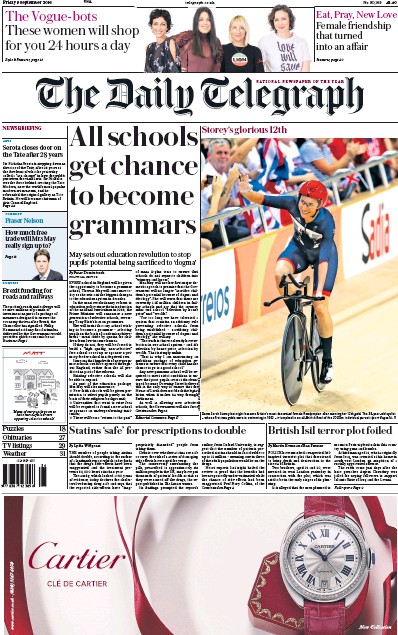 The Daily Telegraph Newspaper Front Page (UK) for 9 September 2016