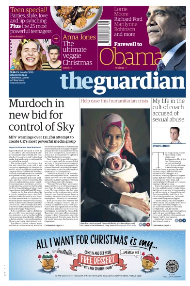 The Guardian Newspaper Front Page (UK) for 10 December 2016