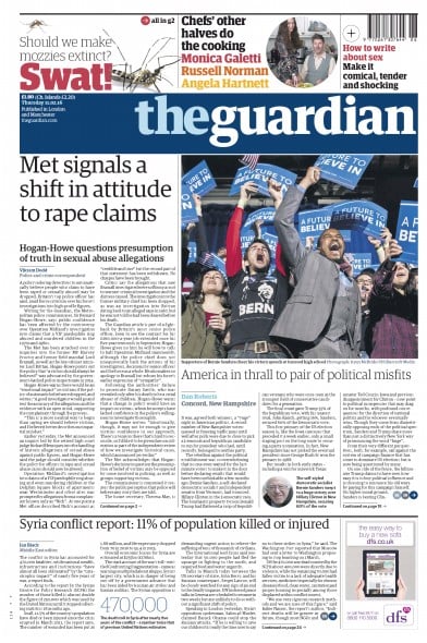 The Guardian Newspaper Front Page (UK) for 11 February 2016