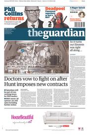 The Guardian (UK) Newspaper Front Page for 12 February 2016