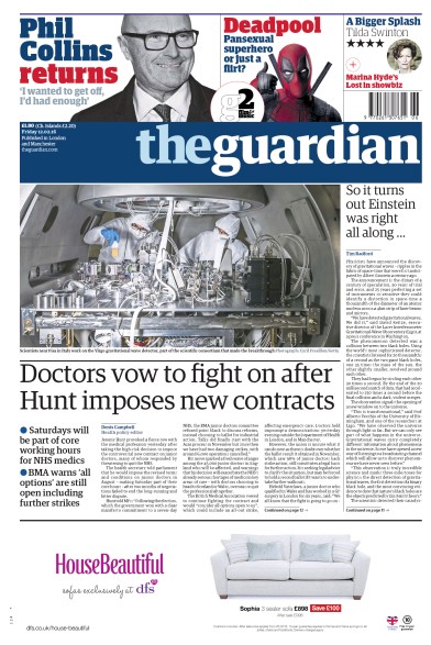 The Guardian Newspaper Front Page (UK) for 12 February 2016
