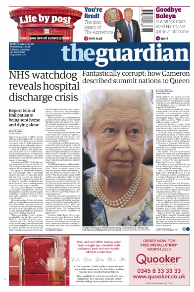 The Guardian Newspaper Front Page (UK) for 12 May 2016
