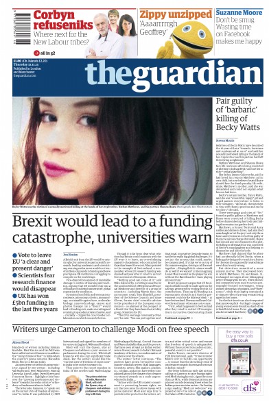 The Guardian Newspaper Front Page (UK) for 13 November 2015
