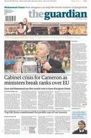 The Guardian Newspaper Front Page (UK) for 13 May 2013