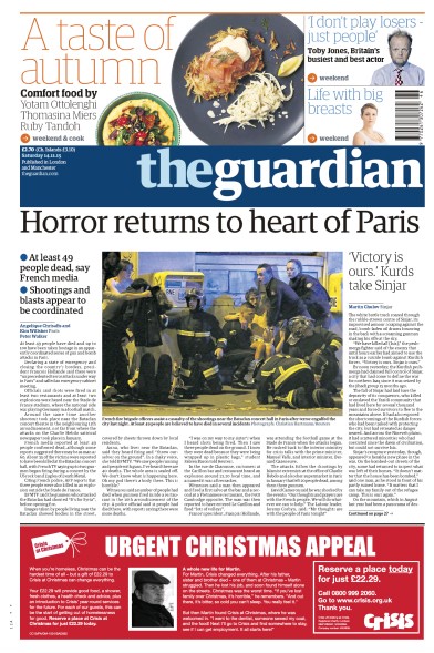 The Guardian Newspaper Front Page (UK) for 14 November 2015