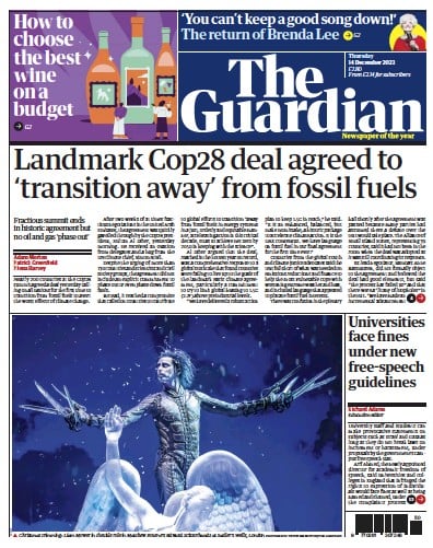 The Guardian Newspaper Front Page (UK) for 14 December 2023