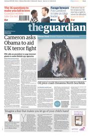 The Guardian (UK) Newspaper Front Page for 15 January 2015