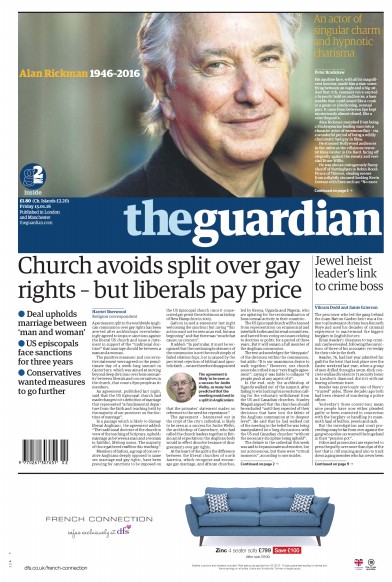 The Guardian Newspaper Front Page (UK) for 15 January 2016