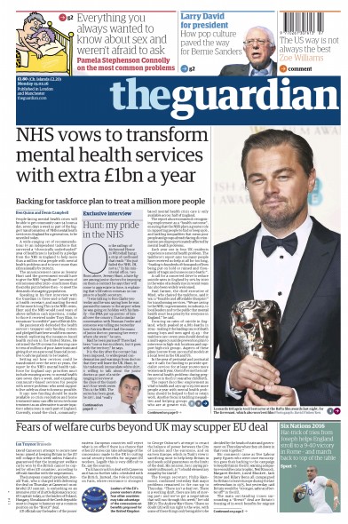 The Guardian Newspaper Front Page (UK) for 15 February 2016