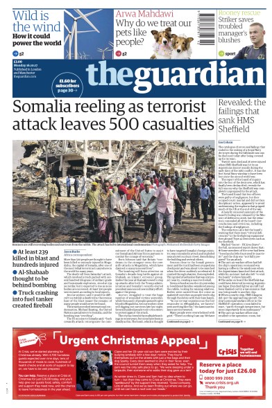 The Guardian Newspaper Front Page (UK) for 16 October 2017
