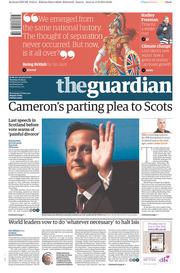The Guardian Newspaper Front Page (UK) for 16 September 2014