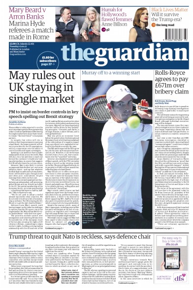 The Guardian Newspaper Front Page (UK) for 17 January 2017