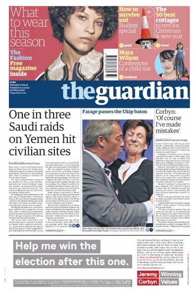 The Guardian Newspaper Front Page (UK) for 17 September 2016