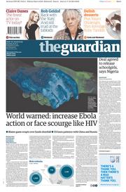 The Guardian Newspaper Front Page (UK) for 18 October 2014