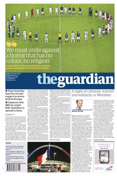 The Guardian Newspaper Front Page (UK) for 18 November 2015