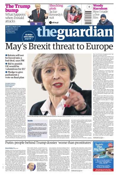 The Guardian Newspaper Front Page (UK) for 18 January 2017