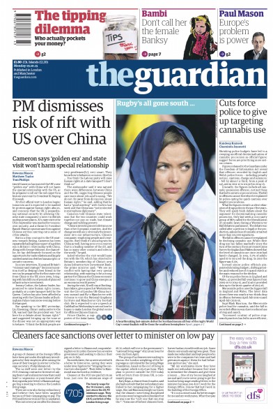 The Guardian Newspaper Front Page (UK) for 19 October 2015