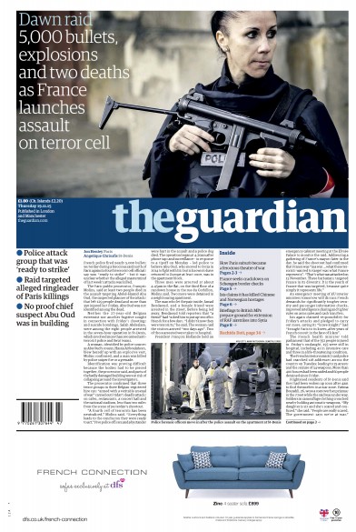 The Guardian Newspaper Front Page (UK) for 19 November 2015
