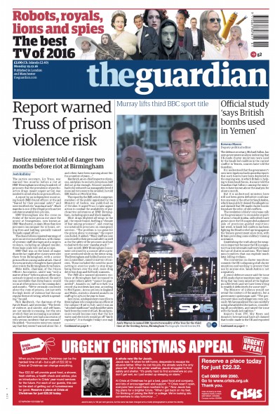 The Guardian Newspaper Front Page (UK) for 19 December 2016