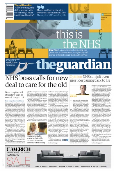 The Guardian Newspaper Front Page (UK) for 19 January 2016