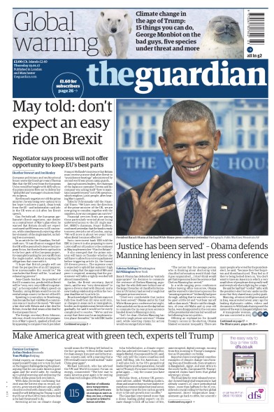 The Guardian Newspaper Front Page (UK) for 19 January 2017