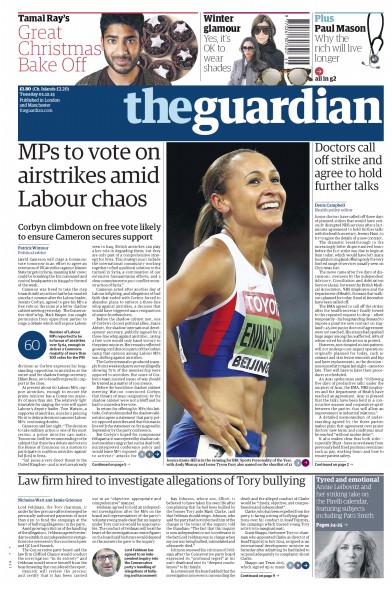 The Guardian Newspaper Front Page (UK) for 1 December 2015