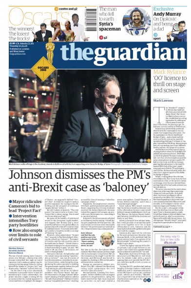 The Guardian Newspaper Front Page (UK) for 1 March 2016