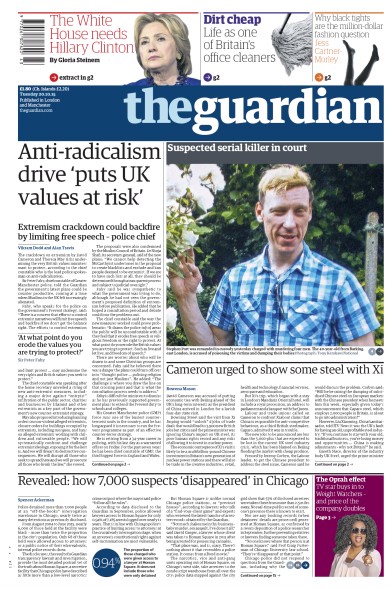 The Guardian Newspaper Front Page (UK) for 20 October 2015