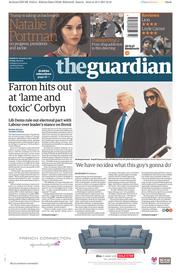The Guardian (UK) Newspaper Front Page for 20 January 2017
