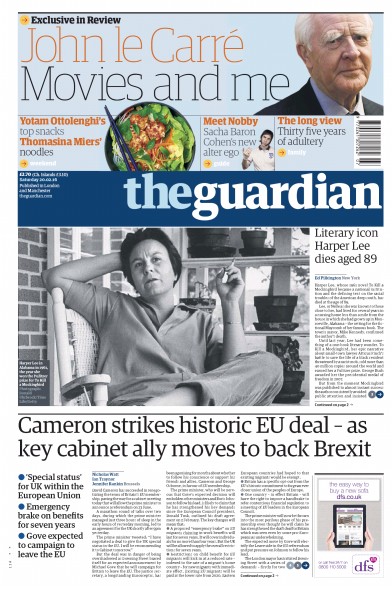 The Guardian Newspaper Front Page (UK) for 20 February 2016