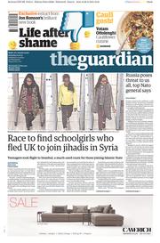 The Guardian Newspaper Front Page (UK) for 21 February 2015