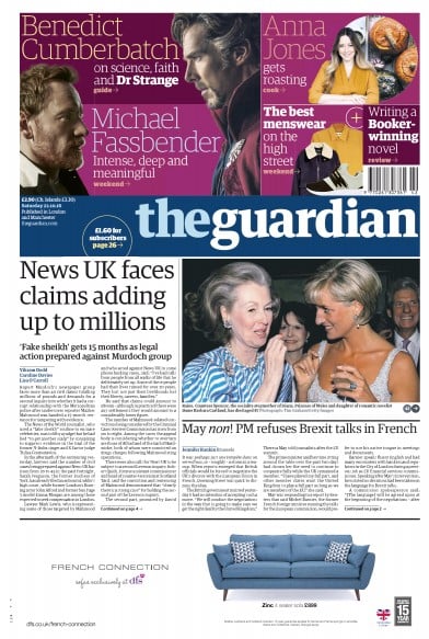 The Guardian Newspaper Front Page (UK) for 22 October 2016
