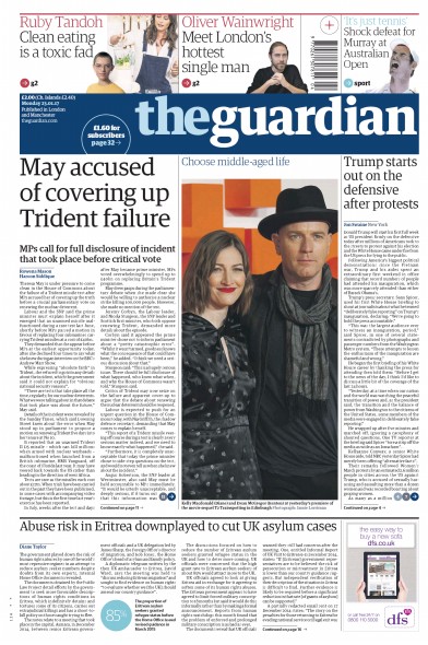 The Guardian Newspaper Front Page (UK) for 23 January 2017