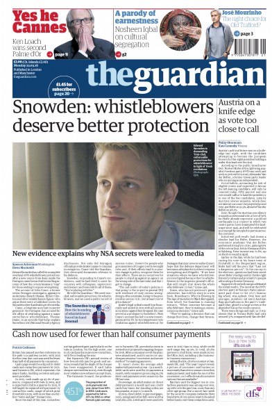 The Guardian Newspaper Front Page (UK) for 23 May 2016
