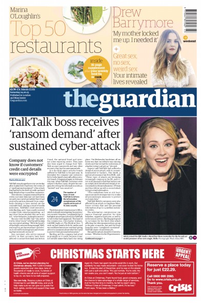The Guardian Newspaper Front Page (UK) for 24 October 2015